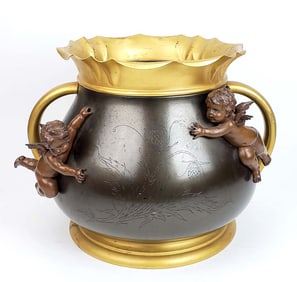 19th C. Patinated & Gilt Spelter Jardiniere with Cherubs, Circa 1880