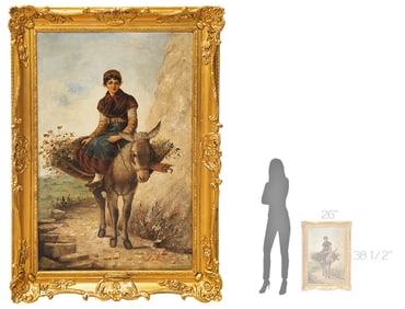 Large 19th C. Oil On Canvas Farmer Girl On A Donkey, Signed