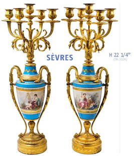 Pair Of 19th C. French Sevres Porcelain Bronze With Jeweled Enamel Candelabras: Pair Of 19th C. French Sevres Porcelain Bronze With Jeweled Enamel Candelabras. H 22 1/4" x W 9"