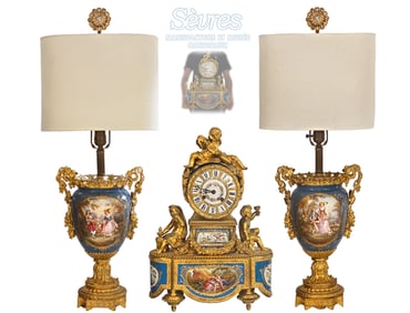 19th C. Sevres Mount Gilt Figural Bronze Hand Painted Clock Set