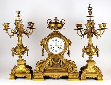 Magnificent 3 Pc. 19th C. Dore Bronze Clockset