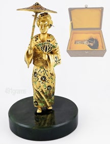 Vintage Japanese Kutani Satsuma Geisha Solid Yellow Gold (491g) Enamel Figurine On Spinach Jade