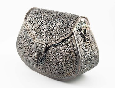 Antique 925 Silver Filigree Figural Handbag Purse