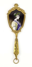 19th C. French Enamel & Bronze Mirror Signed