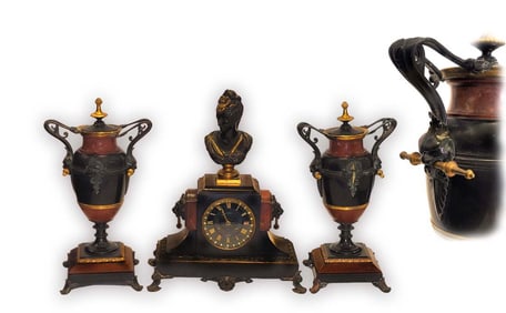 19th C. French Figural Bronze Clock Set