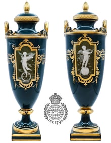 Pair of 19th C. Pate Sur Pate Mintons Porcelain Angel Vases / Urns Signed By Birks