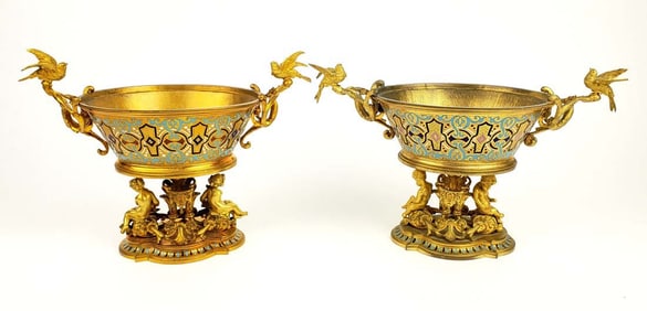 Pair of 19th C. French Champleve Enamel & Bronze Figural Tazzas