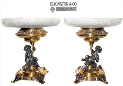 Pair Of 19th C. Figural Bronze, 2 Tone Elkington & Co Centerpiece / Taza