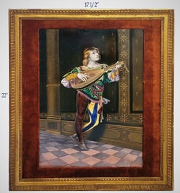 19th C. Signed French Enameled Porcelain Plaque Of Guy Playing Medieval Lute