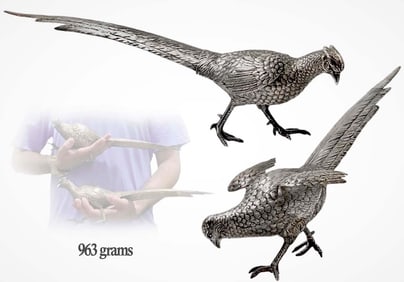 Pair Of German Silver (963 g) A Brood Of Pheasants, Male And Female With Makes Mark
