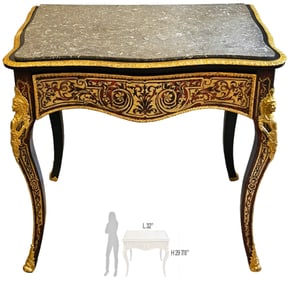 19th C. French Napoleon III Boulle Bronze Mounted Top Marble Table