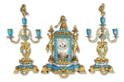 19th C. Sevres Porcelain & Bronze Jewelled Clockset