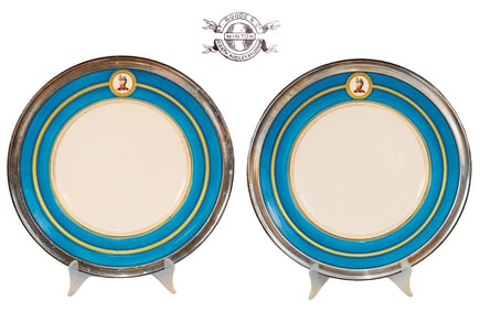 Pair Of Rare T. Goode & Co \ Minton Audley Sterling Silver Rimmed Dinner Plates