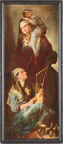 French School Oil on Board Orientalist Women with Child, C. 1900