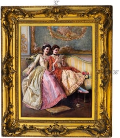 19th C. Italian Antonio Zoppi (1860-1926) Oil On Canvas Portrait Of Girls Reading A