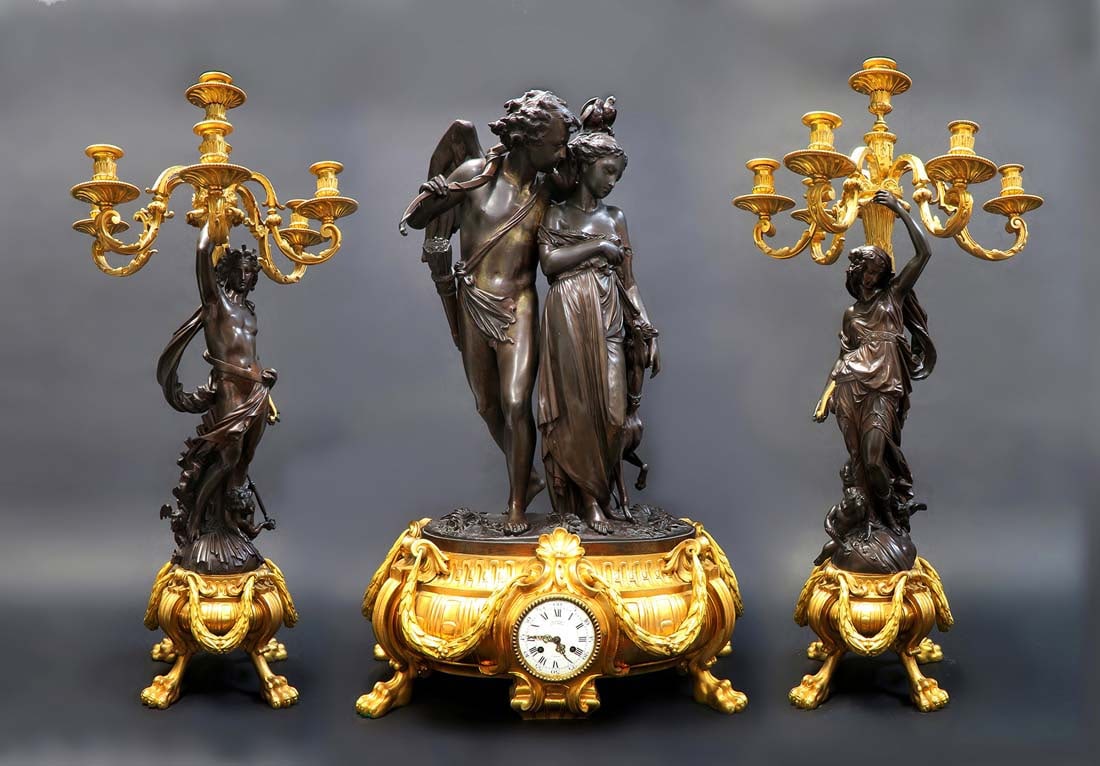Albert-Ernest Carrier Belleuse, French Napoleon III Gilt & Patinated Bronze 3-Piece (1 of 10)