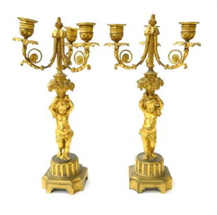 Pair of 19th C. Dore Bronze Figural Bronze Candelabras: Pair of 19th C. Dore Bronze Figural Bronze Candelabras. Each measures approx. 16" height x 7" diameter (40.6cm x 17.8cm).
