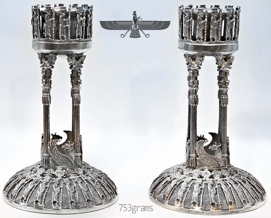 Persian Hakhamaneshi, Achaemenid Empire Figural 84 Silver (753g) Candlesticks (1 of 12)
