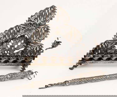 Judaica Sterling Silver Oil Menorah & Torah Pointer: Judaica Sterling Silver Oil Menorah & Torah Pointer. The menorah: H 6 3/4" x W 9" \ Pointer: L 9 1/2"