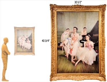 Degas Style Ballet Dancing Class Oil On Canvas Painting, Signed
