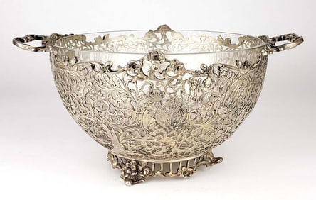 19th C. Continental German Silver & Glass Handmade Centerpiece