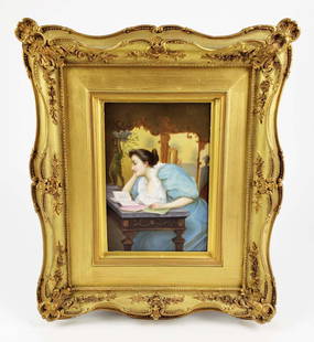 19th C. KPM Plaque of Woman Signed Wagner: 19th C. KPM Plaque of Woman Signed Wagner. This is a magnificent rare 19th century German KPM painting on porcelain by famous listed artist Wagner, showing a young woman reading a book. Signed by the
