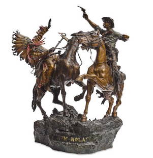 Carl Kauba (1865-1922) "How-Kola!" Large Bronze Group: Carl Kauba (1865-1922) "How-Kola!" Large Bronze Group. Measures H: 23". Inscribed 'C. Kauba' (on the base), stamped with title (on the base)bronze with mixed patina and polychrome. One of the most ico