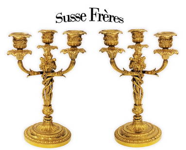 Pair Of 19th Century French Gilt Bronze Susse Freres Candelabras: Pair Of 19th Century French Gilt Bronze Susse Freres Candelabras. H 10" x W 6"