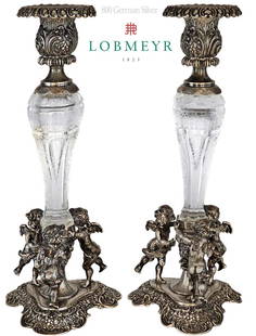 Pair Of Lobmeyr Glass 800 German Silver Figural Candlesticks: Pair Of Lobmeyr Glass 800 German Silver Figural Candlesticks. H 12" x W 4 1/2" x L 5"