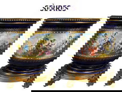 Pair of 19th C. Cobalt Jeweled Sevres Vases: Pair of 19th C. Cobalt Jeweled Sevres Vases. H 9" x W 8"