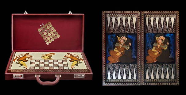 Persian Hand Painted Isfahan ' Khatam ' Backgammon set: Persian Hand Painted Isfahan ' Khatam ' Backgammon set. Box: H 3" x W 12" x L 2" \ Backgammon open: H 2 1/2" x W 20" x L 19 1/2" \ Backgammon Closed: H 2 1/2" x W 10" x L 19 1/2"