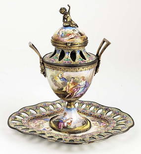 19th C. Viennese Enamel on Silver  Centerpiece: 19th C. Viennese Enamel on Silver Centerpiece. Measures H: 6 1/4" W: 6 1/4" W: 5 3/4"