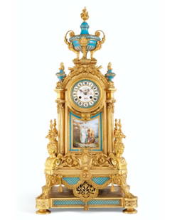 Magnificent Large 19th C. Sevres Gilt Bronze & Porcelain Mantle Clock: Magnificent Large 19th C. Sevres Gilt Bronze & Porcelain Mantle Clock. The arched clock-case surmounted by an urn en flambeau, supported by female busts, the reverse finely painted with a landscape of