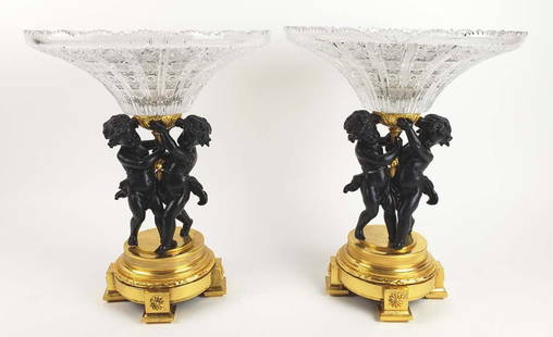Pair of 19th C. Gilt & Patinated Bronze & Crystal Figural Centerpieces: Pair of 19th C. Gilt & Patinated Bronze & Crystal Figural Centerpieces. They measure H: 14" W: 12"