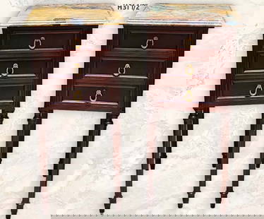 Pair Of Louis XVI Style Marble Top Side Tables: Pair Of Louis XVI Style Marble Top Side Tables. H 31 1/2" x W 14 1/2" x L 15 7/8"