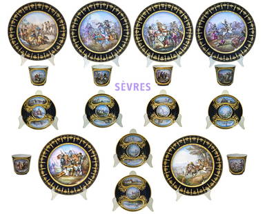19th C. French Hand Painted Sevres Tea / Coffee Set, Signed By Artist (18pcs): 19th C. French Hand Painted Sevres Tea / Coffee Set, Signed By Artist. Plates: H 1 1/4" x D 9 1/2" \ Cups: H 2 1/2" x W 2 7/8" x L 3 1/4" \ Saucers: H 1" x D 5"