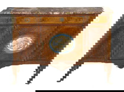 Late 19th C. Louis XVI Style Ormolu mounted Marble top Commode: Late 19th C. Louis XVI Style Ormolu mounted Marble top Commode with inset French porcelain plaque. Measures h. 36", w. 50-1/2", d. 18-1/2"