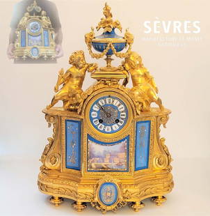 Large 19th C. Sevres Gilt Bronze And Porcelain Mantle Clock: Large 19th C. Sevres Gilt Bronze And Porcelain Mantle Clock. H 19" x W 5" x L 13 1/2"