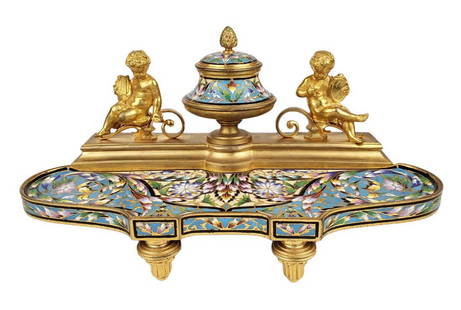 19th C. Alph Giroux Bronze & Champleve Enamel Inkwell: 19th C. Alph Giroux Bronze & Champleve Enamel Inkwell. Measures H: 6 1/4" x 11 3/4" x 5 1/2"