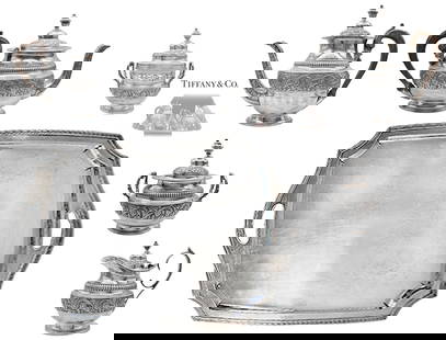 Large, Heavy Late 19th C. Tiffany & Co. Sterling Silver (8,260g) Six-Pieces Tea Set: Large, Heavy Late 19th C. Tiffany & Co. Sterling Silver (8,260g) Six-Pieces Tea Set. Tray: W 18 1/2" x L 24 1/2" \ Large pot: H 10 1/2" W 6" x L 11" \ Small pot: H 8 1/2" x W 7" x L 12" \ Creamer: H 6