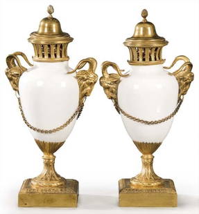 Pair of 19th C. Louis XVI Gilt Bronze & Porcelain Ram Handle Urns: Pair of 19th C. Louis XVI Gilt Bronze & Porcelain Ram Handle Urns. They measure H: 11 1/4"
