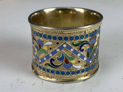 19th C. Russian Enamel 84 Silver Napkin Holder: 19th C. Russian Enamel 84 Silver Napkin Holder. Marked 84
