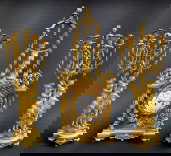 Magnificent French Monumental Mercury Gilt Bronze Figural Clock Set By L. Marchand: Magnificent French Monumental Mercury Gilt Bronze Figural Clock Set By L. Marchand. Clock: 8" x 14.7" x H 35" / Candelabras: D 13" x H 29"