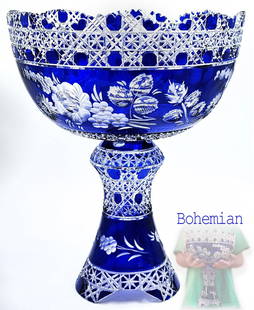 Antique Large Bohemian Cobalt Blue Cut Crystal Large Footed Centerpiece: Antique Large Bohemian Cobalt Blue Cut Crystal Large Footed Centerpiece. H 14 1/4" x W 11 1/2"