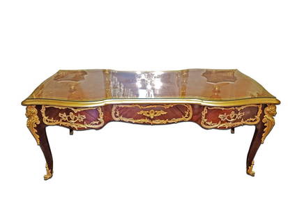 Magnificent F. Linke Kingwood & Gilt Bronze Desk, 19th C.: Magnificent F. Linke Kingwood & Gilt Bronze Desk, 19th C.. Measures 32" x 79 1/2" x 37 1/2", Has Glass Top and signed F. Linke on bronze mount.