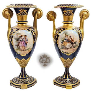 Pair Of Late 19th C. Royal Vienna Style Vases: Pair Of Late 19th C. Royal Vienna Style Vases. H 19" x W 7" x L 10"