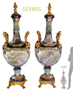 19th C. Art Nouveau Bronze Mounted Sevres Vases: 19th C. Art Nouveau Bronze Mounted Sevres Vases. H 26" x W 8" x L 9"