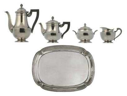 A 5 Pc. Christofle Silverplated Tea Set: A 5 Pc. Christofle Silverplated Tea Set. H 9,5 - 23,5 / 30,5 x 41,5 cm (tray)
