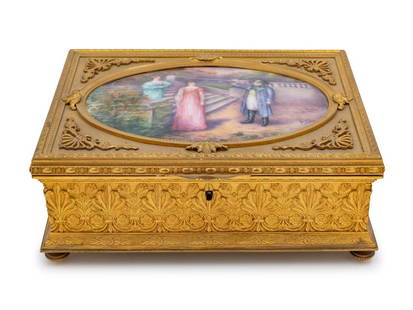 19th C. French Gilt Bronze & Enameled Jewelry Box: 19th C. French Gilt Bronze & Enameled Jewelry Box with inset Oval plaque depicting Napoleon and 2 women, Signed Garnet France. Measures W: 9 3/8" H: 3 1/2" D: 9 3/8"