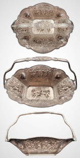 19th C. German Silver Center Piece Figural Basket: 19th C. German Silver Center Piece Figural Basket. L 13.5" x H 9" ( 1363g )